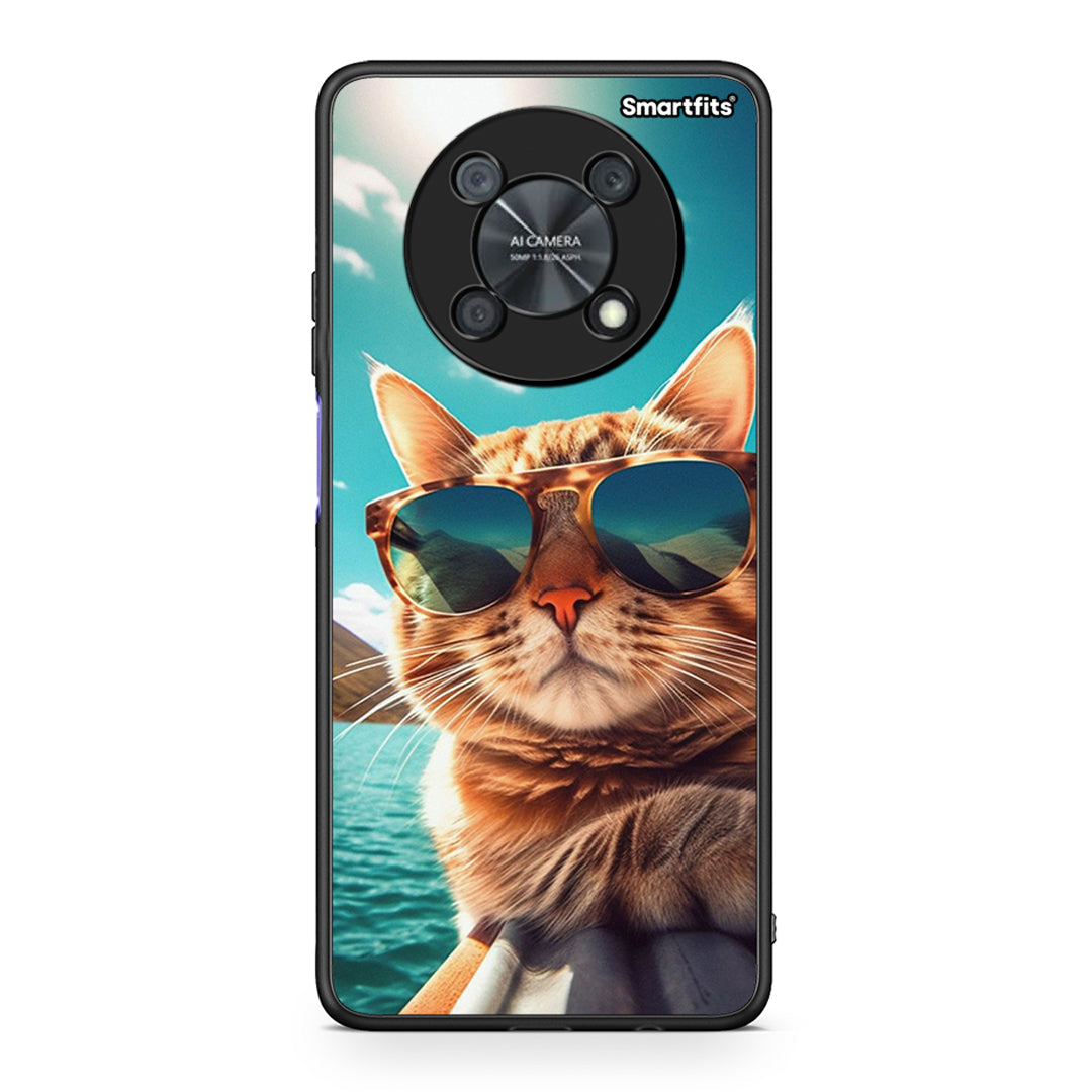Huawei Nova Y90 Summer Cat θήκη από τη Smartfits με σχέδιο στο πίσω μέρος και μαύρο περίβλημα | Smartphone case with colorful back and black bezels by Smartfits
