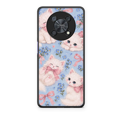 Θήκη Huawei Nova Y90 White Kittens and Blue Flowers Large από τη Smartfits με σχέδιο στο πίσω μέρος και μαύρο περίβλημα | Huawei Nova Y90 White Kittens and Blue Flowers Large case with colorful back and black bezels