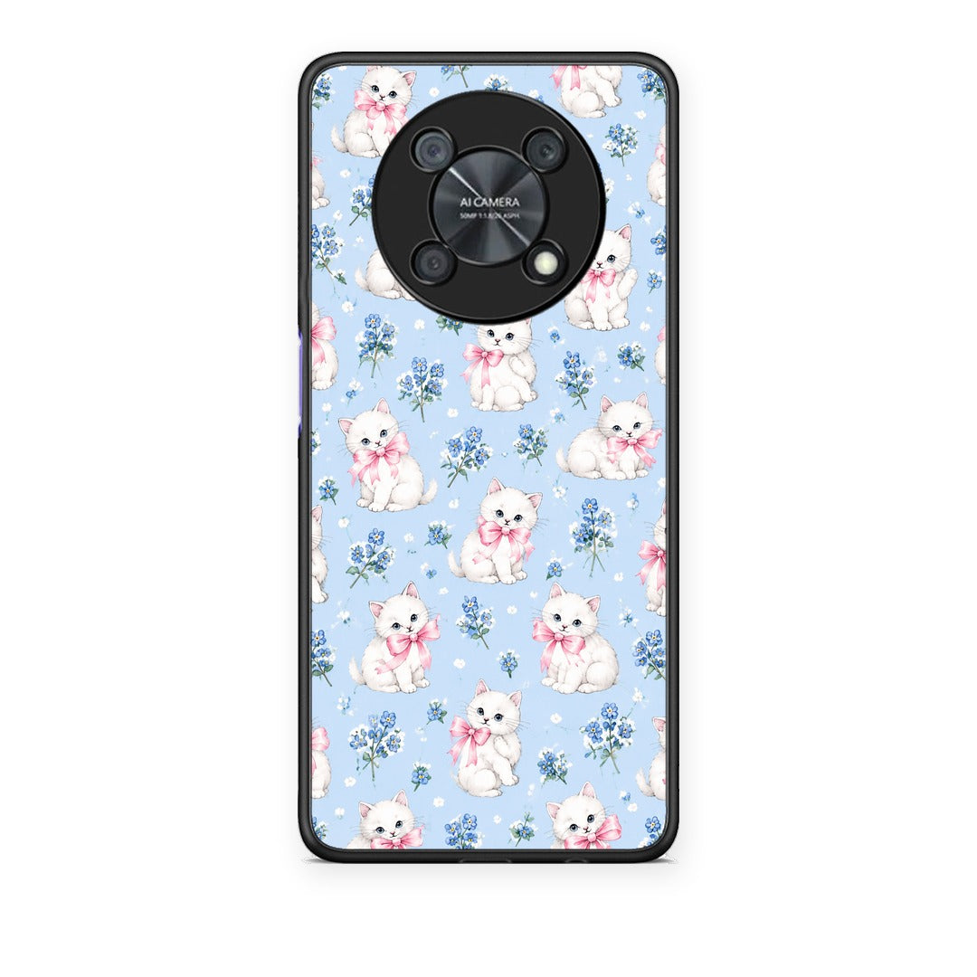 Θήκη Huawei Nova Y90 White Kittens and Blue Flowers Small από τη Smartfits με σχέδιο στο πίσω μέρος και μαύρο περίβλημα | Huawei Nova Y90 White Kittens and Blue Flowers Small case with colorful back and black bezels