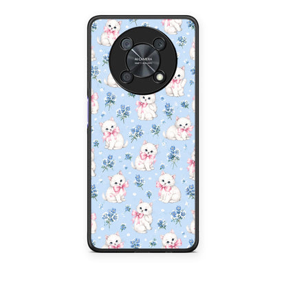 Θήκη Huawei Nova Y90 White Kittens and Blue Flowers Small από τη Smartfits με σχέδιο στο πίσω μέρος και μαύρο περίβλημα | Huawei Nova Y90 White Kittens and Blue Flowers Small case with colorful back and black bezels