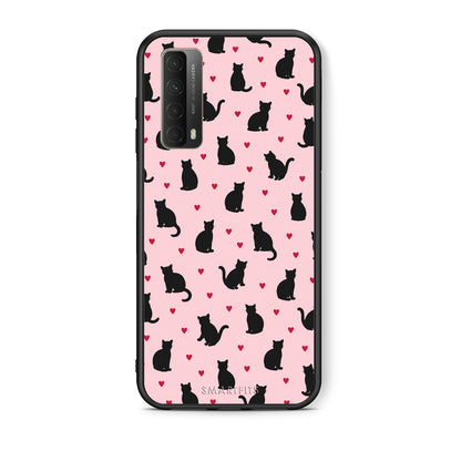 Θήκη Huawei P Smart 2021 Black Cat Silhouettes and Hearts on Pink από τη Smartfits με σχέδιο στο πίσω μέρος και μαύρο περίβλημα | Huawei P Smart 2021 Black Cat Silhouettes and Hearts on Pink case with colorful back and black bezels