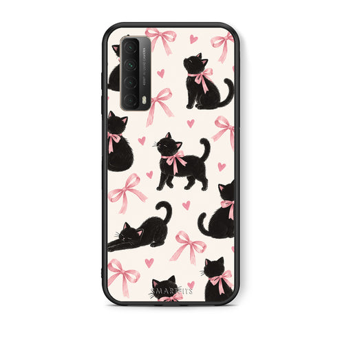 Θήκη Huawei P Smart 2021 Black Kittens and Pink Bows on Cream Large από τη Smartfits με σχέδιο στο πίσω μέρος και μαύρο περίβλημα | Huawei P Smart 2021 Black Kittens and Pink Bows on Cream Large case with colorful back and black bezels