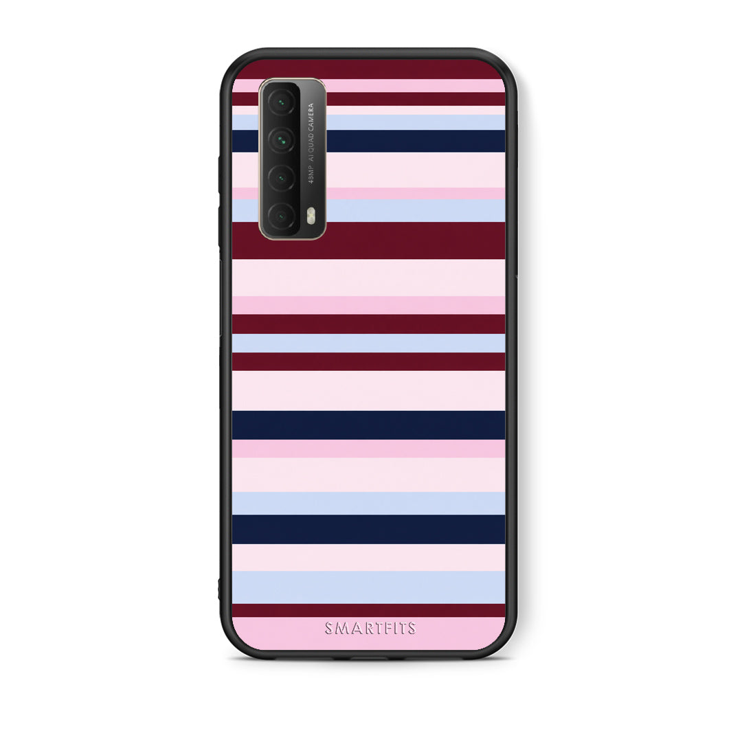 Θήκη Huawei P Smart 2021 Burgundy Pink and Blue Horizontal Stripes από τη Smartfits με σχέδιο στο πίσω μέρος και μαύρο περίβλημα | Huawei P Smart 2021 Burgundy Pink and Blue Horizontal Stripes case with colorful back and black bezels