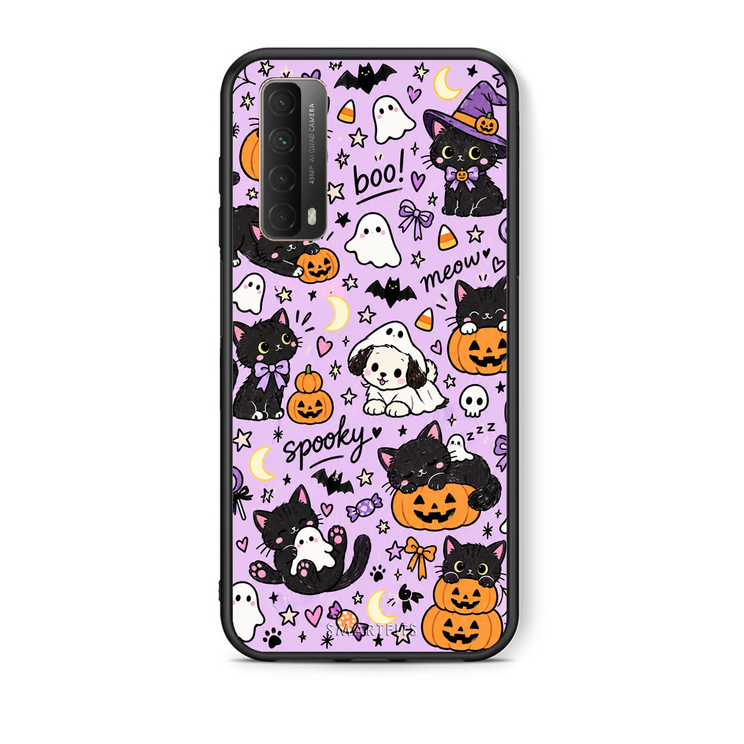 Θήκη Huawei P Smart 2021 Halloween Black Cats on Lilac από τη Smartfits με σχέδιο στο πίσω μέρος και μαύρο περίβλημα | Huawei P Smart 2021 Halloween Black Cats on Lilac case with colorful back and black bezels