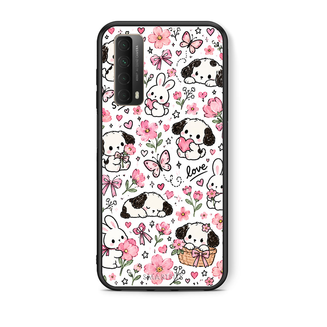 Θήκη Huawei P Smart 2021 Pink Florals Puppies and Bunnies on White από τη Smartfits με σχέδιο στο πίσω μέρος και μαύρο περίβλημα | Huawei P Smart 2021 Pink Florals Puppies and Bunnies on White case with colorful back and black bezels