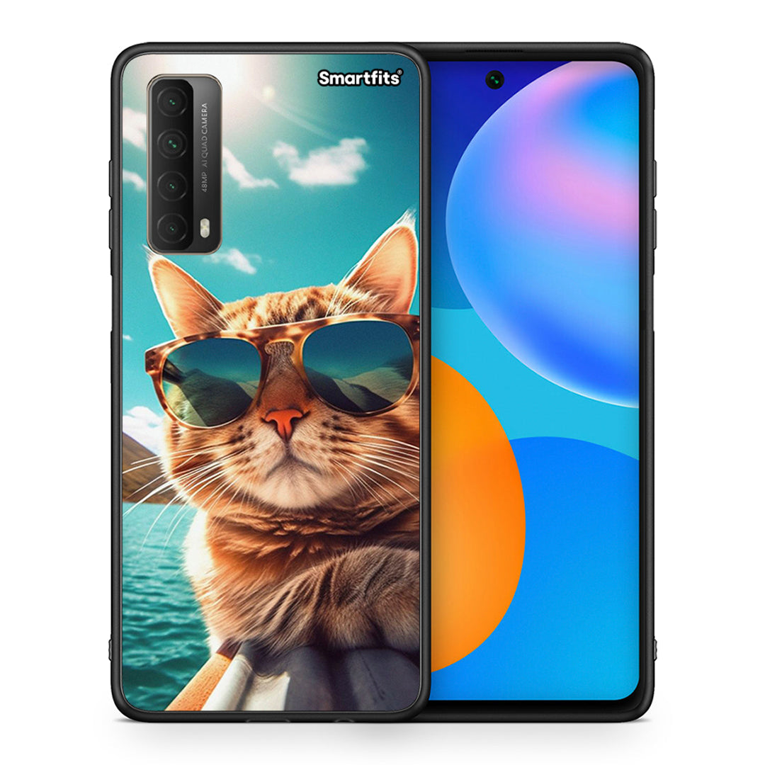Θήκη Huawei P Smart 2021 Summer Cat από τη Smartfits με σχέδιο στο πίσω μέρος και μαύρο περίβλημα | Huawei P Smart 2021 Summer Cat case with colorful back and black bezels