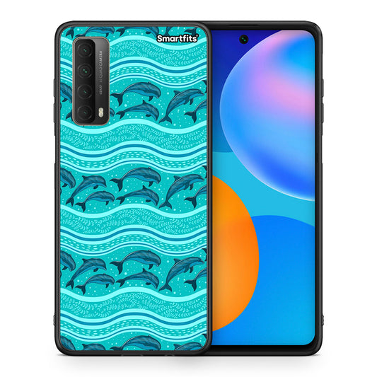 Θήκη Huawei P Smart 2021 Swimming Dolphins από τη Smartfits με σχέδιο στο πίσω μέρος και μαύρο περίβλημα | Huawei P Smart 2021 Swimming Dolphins case with colorful back and black bezels