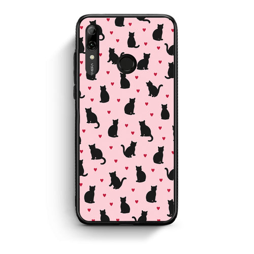 Θήκη Huawei P Smart 2019 Black Cat Silhouettes and Hearts on Pink από τη Smartfits με σχέδιο στο πίσω μέρος και μαύρο περίβλημα | Huawei P Smart 2019 Black Cat Silhouettes and Hearts on Pink case with colorful back and black bezels