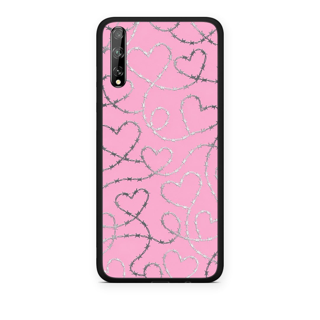 Θήκη Huawei P Smart S Barbed Wire Hearts on Pink από τη Smartfits με σχέδιο στο πίσω μέρος και μαύρο περίβλημα | Huawei P Smart S Barbed Wire Hearts on Pink case with colorful back and black bezels