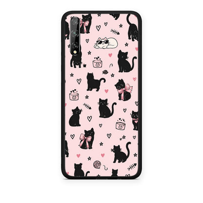 Θήκη Huawei P Smart S Black Cat Doodles on Pink από τη Smartfits με σχέδιο στο πίσω μέρος και μαύρο περίβλημα | Huawei P Smart S Black Cat Doodles on Pink case with colorful back and black bezels
