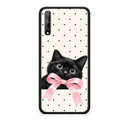 Θήκη Huawei P Smart S Black Kitten Pink Bow and Polka Dots από τη Smartfits με σχέδιο στο πίσω μέρος και μαύρο περίβλημα | Huawei P Smart S Black Kitten Pink Bow and Polka Dots case with colorful back and black bezels