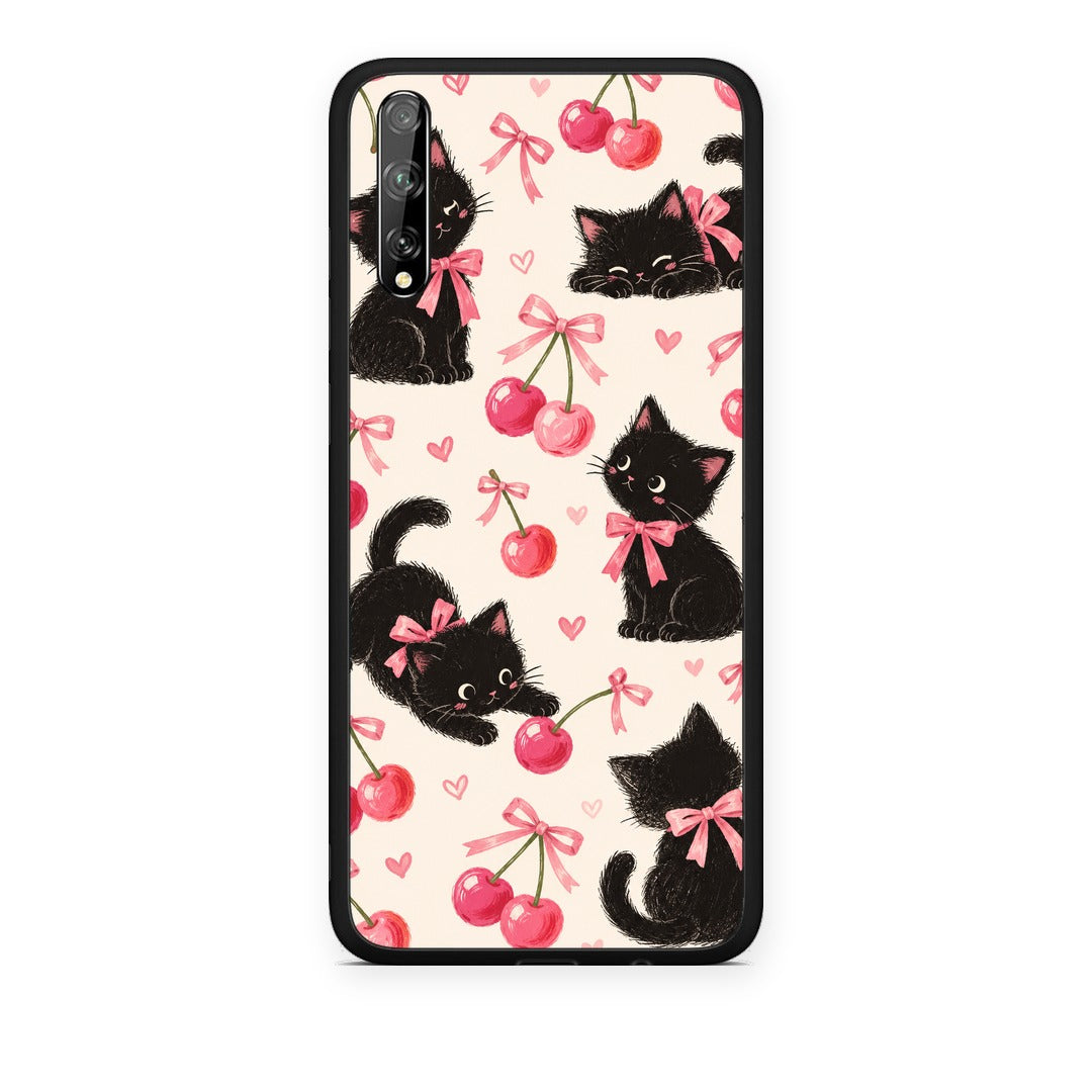 Θήκη Huawei P Smart S Black Kittens and Cherries on Cream από τη Smartfits με σχέδιο στο πίσω μέρος και μαύρο περίβλημα | Huawei P Smart S Black Kittens and Cherries on Cream case with colorful back and black bezels
