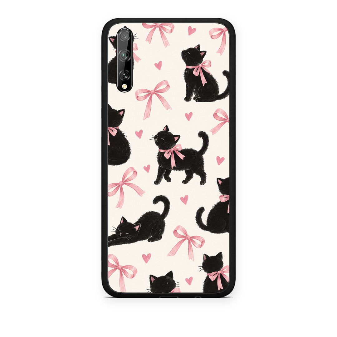 Θήκη Huawei P Smart S Black Kittens and Pink Bows on Cream Large από τη Smartfits με σχέδιο στο πίσω μέρος και μαύρο περίβλημα | Huawei P Smart S Black Kittens and Pink Bows on Cream Large case with colorful back and black bezels