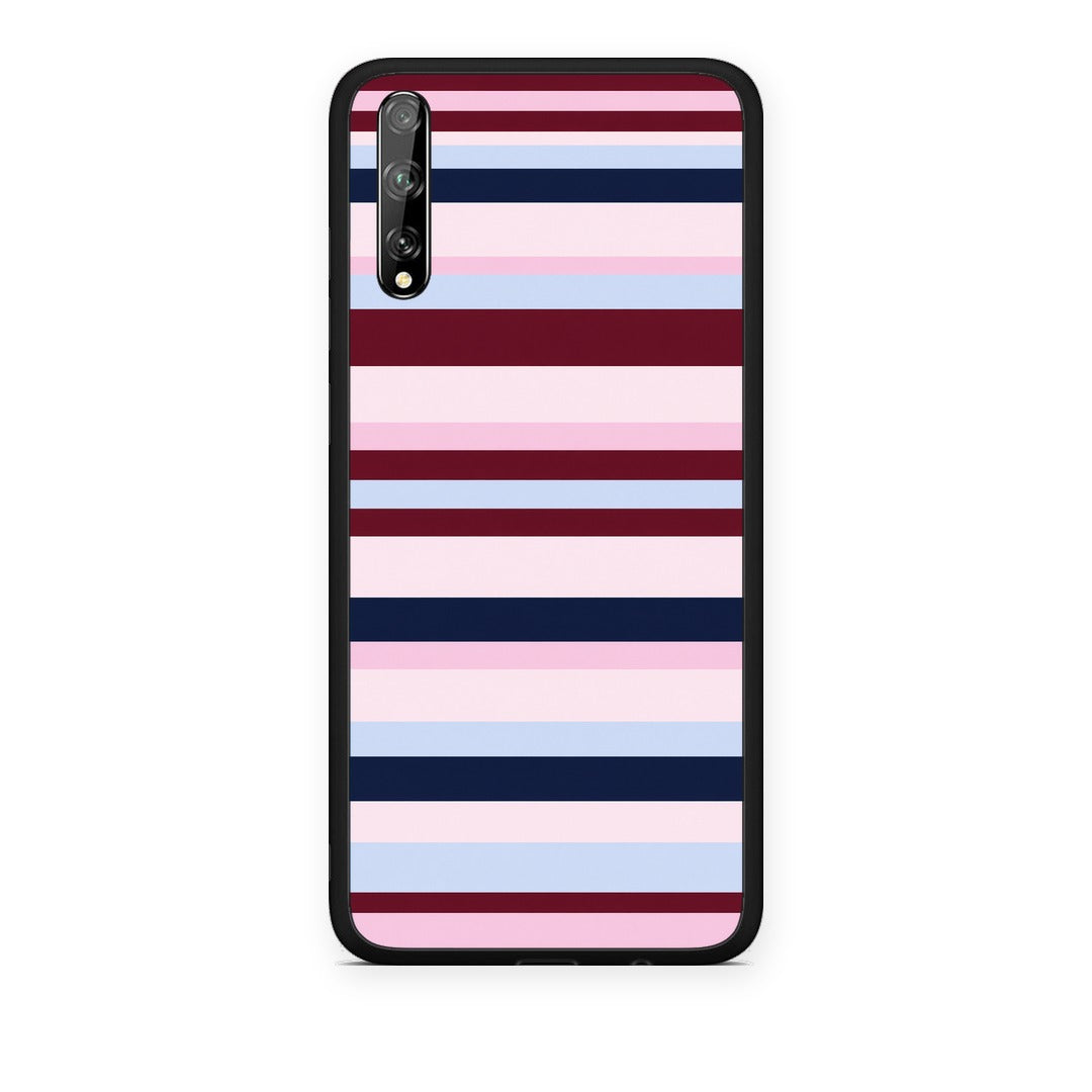 Θήκη Huawei P Smart S Burgundy Pink and Blue Horizontal Stripes από τη Smartfits με σχέδιο στο πίσω μέρος και μαύρο περίβλημα | Huawei P Smart S Burgundy Pink and Blue Horizontal Stripes case with colorful back and black bezels