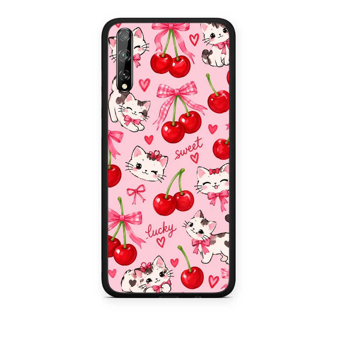 Θήκη Huawei P Smart S Cherries Bows and Kittens on Pink από τη Smartfits με σχέδιο στο πίσω μέρος και μαύρο περίβλημα | Huawei P Smart S Cherries Bows and Kittens on Pink case with colorful back and black bezels