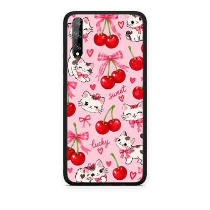 Θήκη Huawei P Smart S Cherries Bows and Kittens on Pink από τη Smartfits με σχέδιο στο πίσω μέρος και μαύρο περίβλημα | Huawei P Smart S Cherries Bows and Kittens on Pink case with colorful back and black bezels