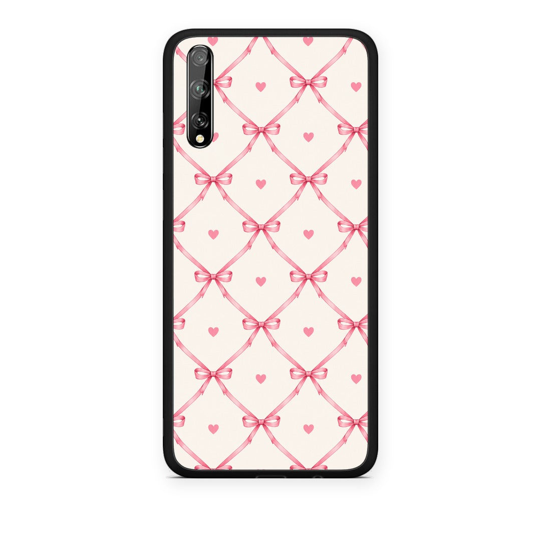 Θήκη Huawei P Smart S Pink Bow Lattice and Hearts on Cream από τη Smartfits με σχέδιο στο πίσω μέρος και μαύρο περίβλημα | Huawei P Smart S Pink Bow Lattice and Hearts on Cream case with colorful back and black bezels