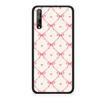 Θήκη Huawei P Smart S Pink Bow Lattice and Hearts on Cream από τη Smartfits με σχέδιο στο πίσω μέρος και μαύρο περίβλημα | Huawei P Smart S Pink Bow Lattice and Hearts on Cream case with colorful back and black bezels