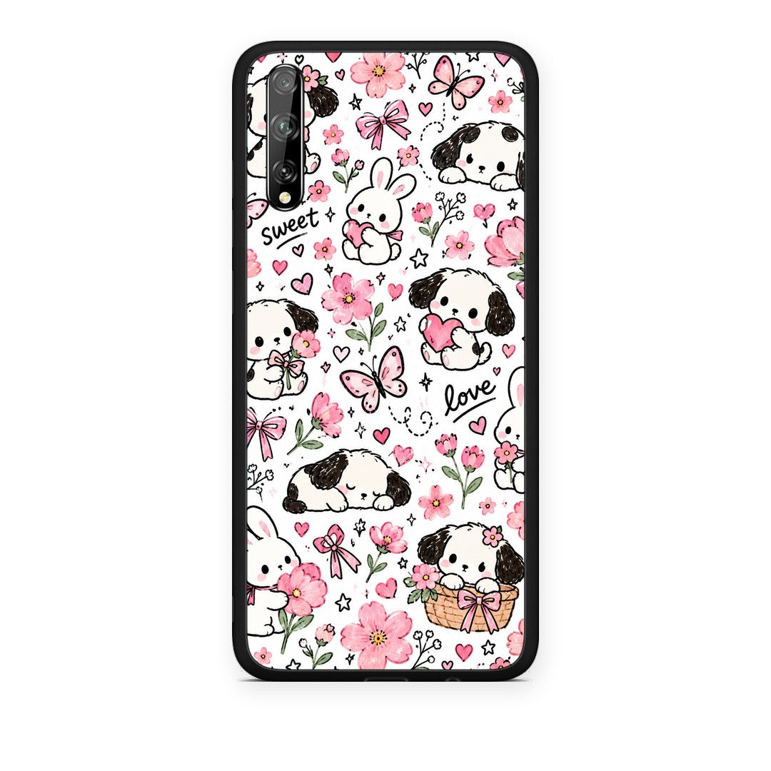 Θήκη Huawei P Smart S Pink Florals Puppies and Bunnies on White από τη Smartfits με σχέδιο στο πίσω μέρος και μαύρο περίβλημα | Huawei P Smart S Pink Florals Puppies and Bunnies on White case with colorful back and black bezels