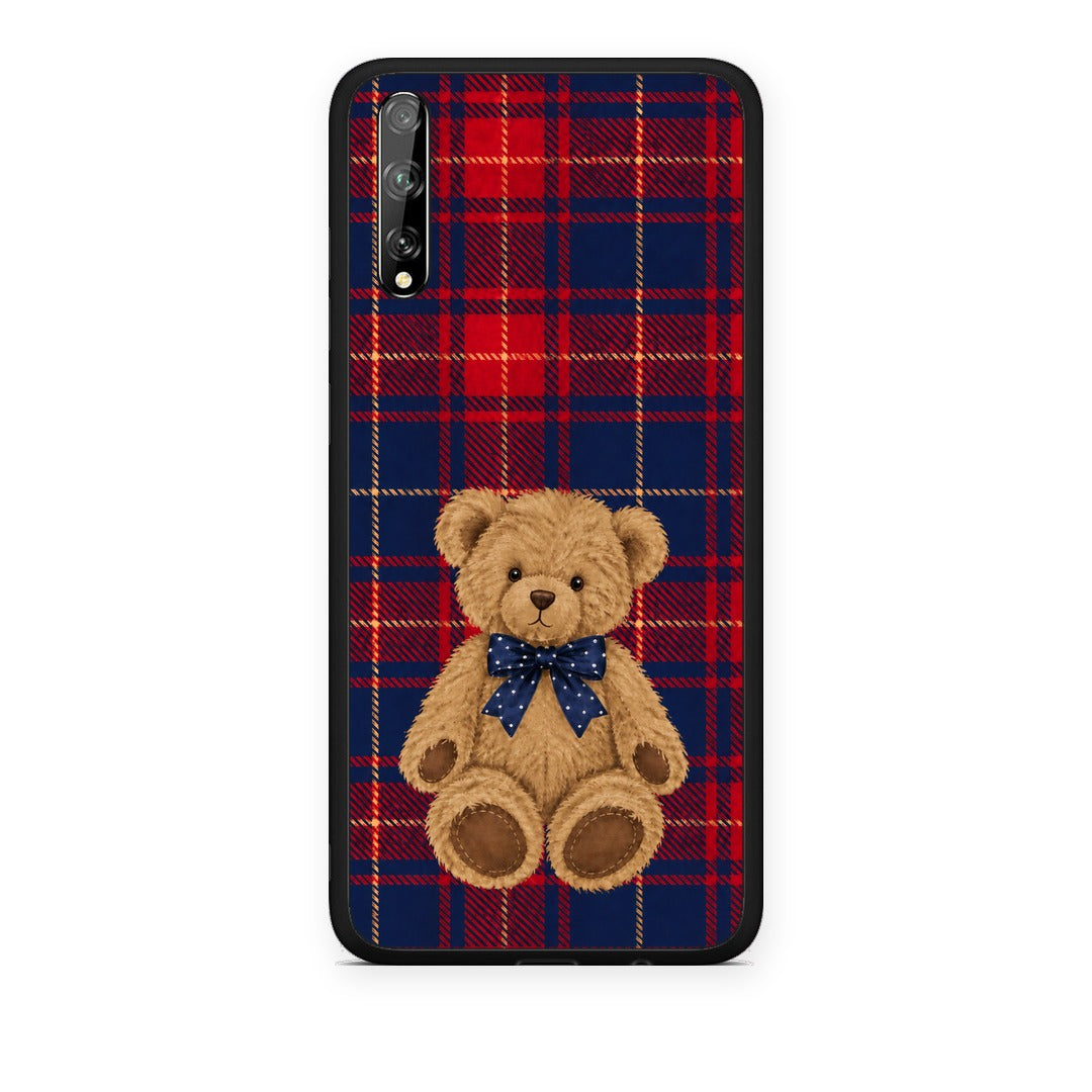 Θήκη Huawei P Smart S Teddy Bear on Red and Navy Tartan από τη Smartfits με σχέδιο στο πίσω μέρος και μαύρο περίβλημα | Huawei P Smart S Teddy Bear on Red and Navy Tartan case with colorful back and black bezels