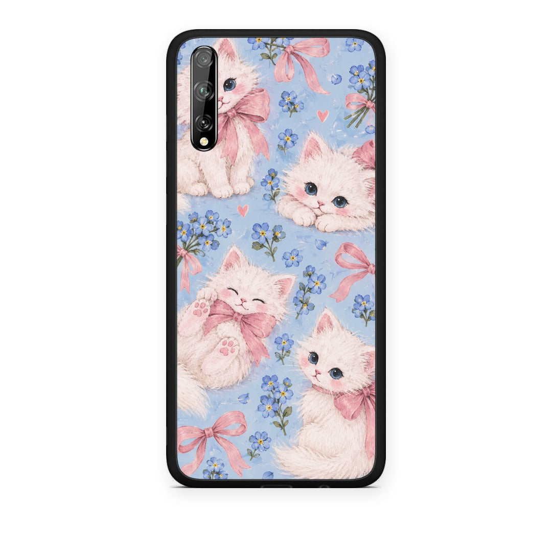 Θήκη Huawei P Smart S White Kittens and Blue Flowers Large από τη Smartfits με σχέδιο στο πίσω μέρος και μαύρο περίβλημα | Huawei P Smart S White Kittens and Blue Flowers Large case with colorful back and black bezels