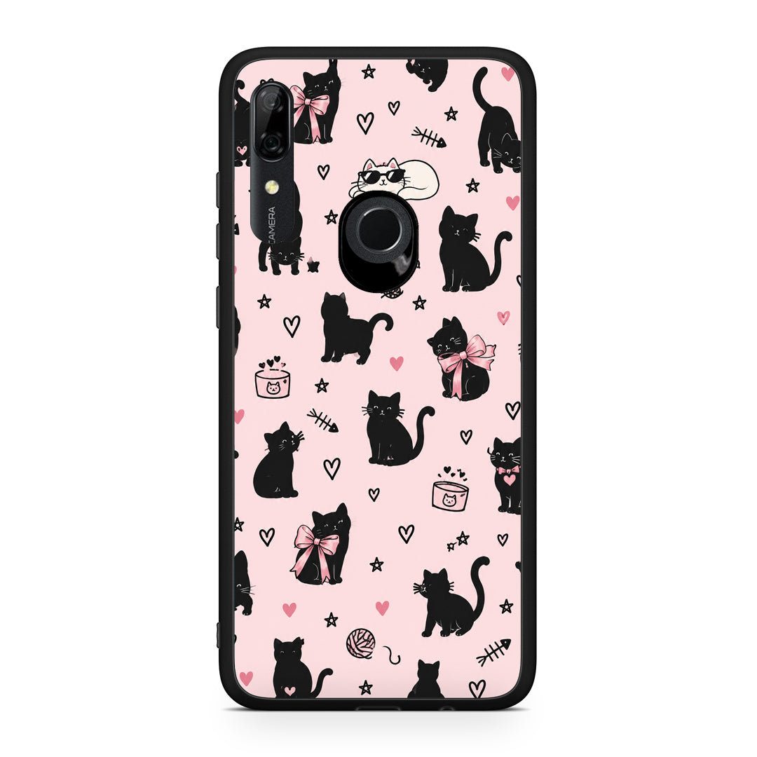 Θήκη Huawei P Smart Z Black Cat Doodles on Pink από τη Smartfits με σχέδιο στο πίσω μέρος και μαύρο περίβλημα | Huawei P Smart Z Black Cat Doodles on Pink case with colorful back and black bezels