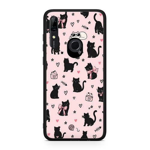 Θήκη Huawei P Smart Z Black Cat Doodles on Pink από τη Smartfits με σχέδιο στο πίσω μέρος και μαύρο περίβλημα | Huawei P Smart Z Black Cat Doodles on Pink case with colorful back and black bezels