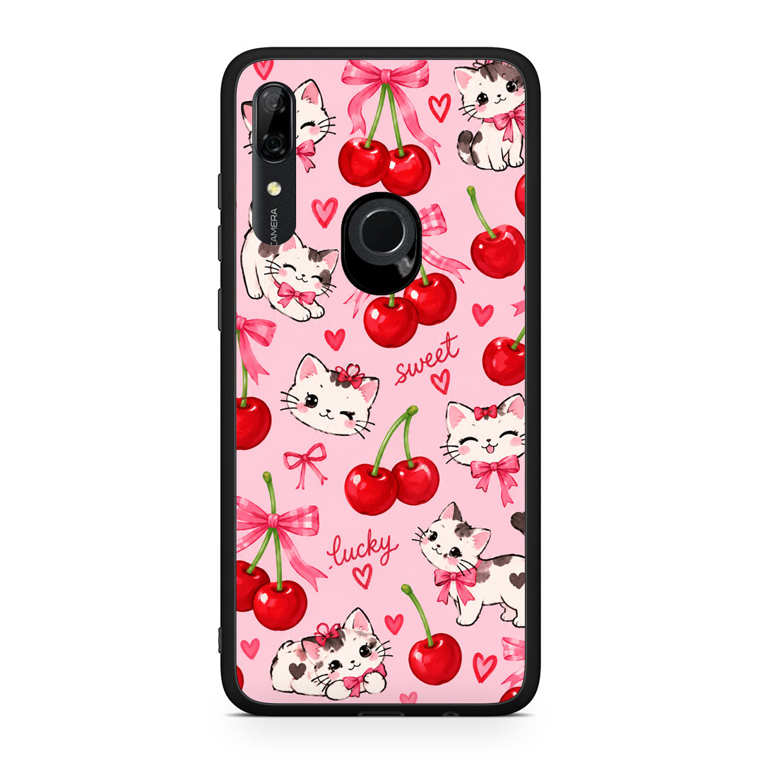 Θήκη Huawei P Smart Z Cherries Bows and Kittens on Pink από τη Smartfits με σχέδιο στο πίσω μέρος και μαύρο περίβλημα | Huawei P Smart Z Cherries Bows and Kittens on Pink case with colorful back and black bezels