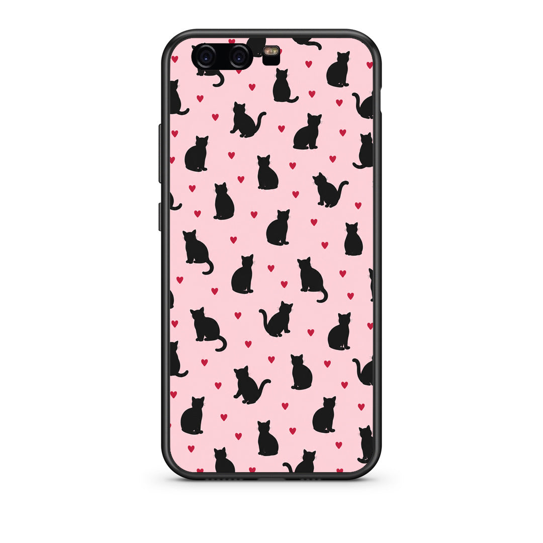 Θήκη Huawei P10 Black Cat Silhouettes and Hearts on Pink από τη Smartfits με σχέδιο στο πίσω μέρος και μαύρο περίβλημα | Huawei P10 Black Cat Silhouettes and Hearts on Pink case with colorful back and black bezels