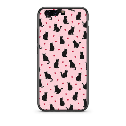 Θήκη Huawei P10 Black Cat Silhouettes and Hearts on Pink από τη Smartfits με σχέδιο στο πίσω μέρος και μαύρο περίβλημα | Huawei P10 Black Cat Silhouettes and Hearts on Pink case with colorful back and black bezels