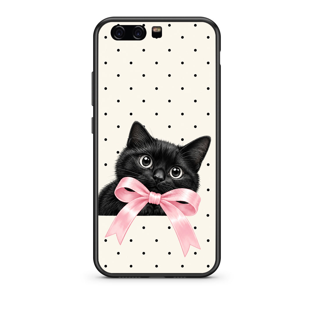 Θήκη Huawei P10 Black Kitten Pink Bow and Polka Dots από τη Smartfits με σχέδιο στο πίσω μέρος και μαύρο περίβλημα | Huawei P10 Black Kitten Pink Bow and Polka Dots case with colorful back and black bezels