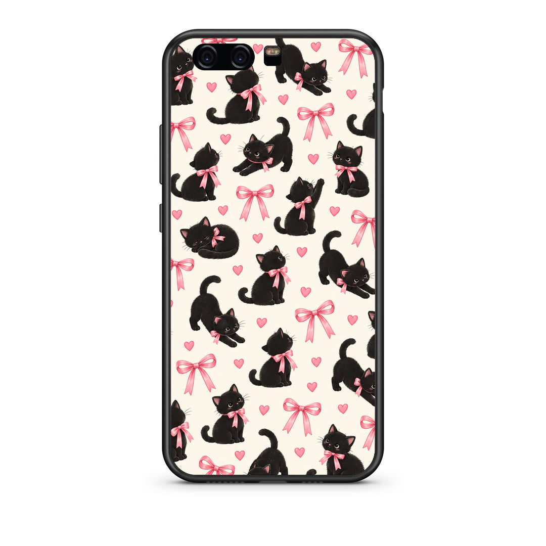 Θήκη Huawei P10 Black Kittens and Pink Bows on Cream Small από τη Smartfits με σχέδιο στο πίσω μέρος και μαύρο περίβλημα | Huawei P10 Black Kittens and Pink Bows on Cream Small case with colorful back and black bezels