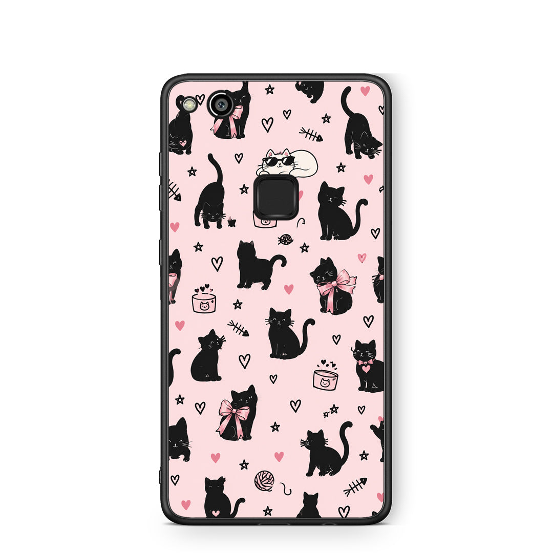 Θήκη Huawei P10 Lite Black Cat Doodles on Pink από τη Smartfits με σχέδιο στο πίσω μέρος και μαύρο περίβλημα | Huawei P10 Lite Black Cat Doodles on Pink case with colorful back and black bezels