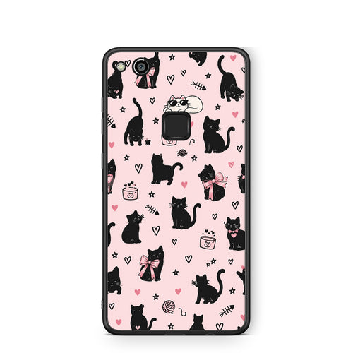 Θήκη Huawei P10 Lite Black Cat Doodles on Pink από τη Smartfits με σχέδιο στο πίσω μέρος και μαύρο περίβλημα | Huawei P10 Lite Black Cat Doodles on Pink case with colorful back and black bezels