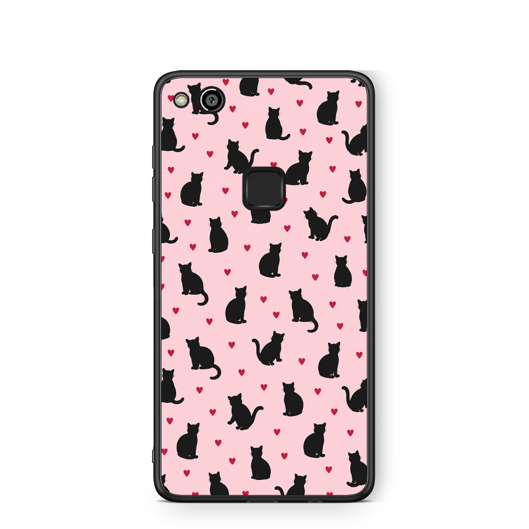 Θήκη Huawei P10 Lite Black Cat Silhouettes and Hearts on Pink από τη Smartfits με σχέδιο στο πίσω μέρος και μαύρο περίβλημα | Huawei P10 Lite Black Cat Silhouettes and Hearts on Pink case with colorful back and black bezels