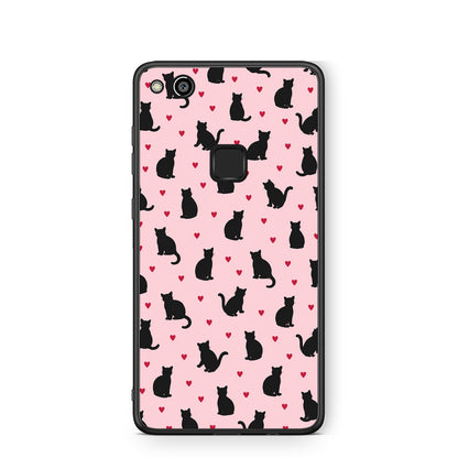 Θήκη Huawei P10 Lite Black Cat Silhouettes and Hearts on Pink από τη Smartfits με σχέδιο στο πίσω μέρος και μαύρο περίβλημα | Huawei P10 Lite Black Cat Silhouettes and Hearts on Pink case with colorful back and black bezels