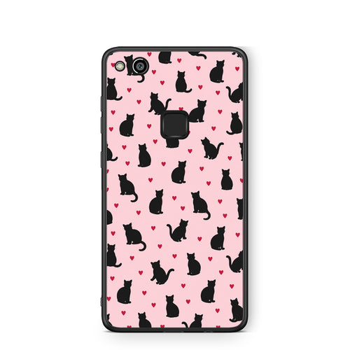 Θήκη Huawei P10 Lite Black Cat Silhouettes and Hearts on Pink από τη Smartfits με σχέδιο στο πίσω μέρος και μαύρο περίβλημα | Huawei P10 Lite Black Cat Silhouettes and Hearts on Pink case with colorful back and black bezels