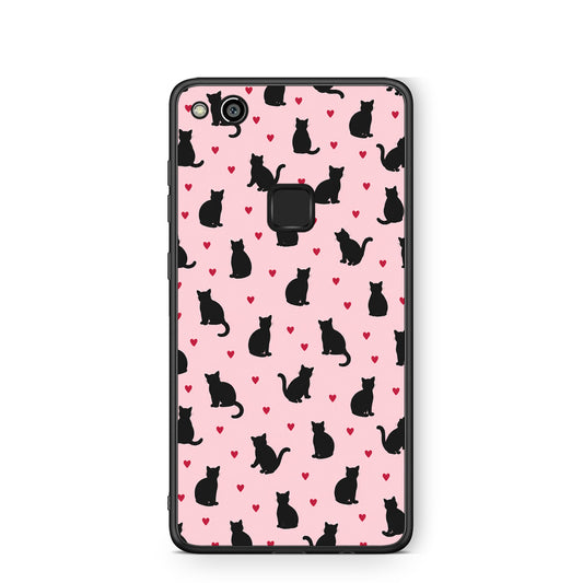 Θήκη Huawei P10 Lite Black Cat Silhouettes and Hearts on Pink από τη Smartfits με σχέδιο στο πίσω μέρος και μαύρο περίβλημα | Huawei P10 Lite Black Cat Silhouettes and Hearts on Pink case with colorful back and black bezels