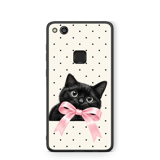 Θήκη Huawei P10 Lite Black Kitten Pink Bow and Polka Dots από τη Smartfits με σχέδιο στο πίσω μέρος και μαύρο περίβλημα | Huawei P10 Lite Black Kitten Pink Bow and Polka Dots case with colorful back and black bezels