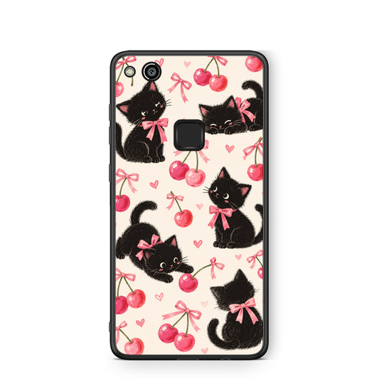 Θήκη Huawei P10 Lite Black Kittens and Cherries on Cream από τη Smartfits με σχέδιο στο πίσω μέρος και μαύρο περίβλημα | Huawei P10 Lite Black Kittens and Cherries on Cream case with colorful back and black bezels