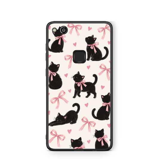 Θήκη Huawei P10 Lite Black Kittens and Pink Bows on Cream Large από τη Smartfits με σχέδιο στο πίσω μέρος και μαύρο περίβλημα | Huawei P10 Lite Black Kittens and Pink Bows on Cream Large case with colorful back and black bezels
