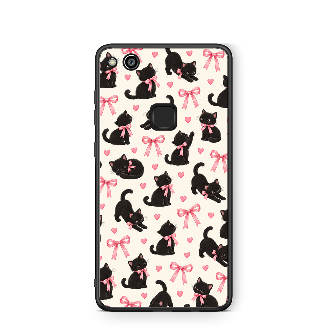 Θήκη Huawei P10 Lite Black Kittens and Pink Bows on Cream Small από τη Smartfits με σχέδιο στο πίσω μέρος και μαύρο περίβλημα | Huawei P10 Lite Black Kittens and Pink Bows on Cream Small case with colorful back and black bezels