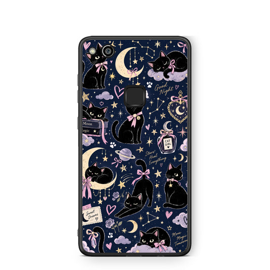 Θήκη Huawei P10 Lite Celestial Black Cats on Navy από τη Smartfits με σχέδιο στο πίσω μέρος και μαύρο περίβλημα | Huawei P10 Lite Celestial Black Cats on Navy case with colorful back and black bezels