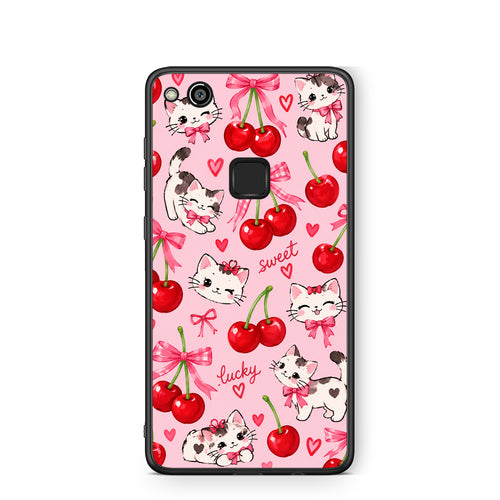 Θήκη Huawei P10 Lite Cherries Bows and Kittens on Pink από τη Smartfits με σχέδιο στο πίσω μέρος και μαύρο περίβλημα | Huawei P10 Lite Cherries Bows and Kittens on Pink case with colorful back and black bezels