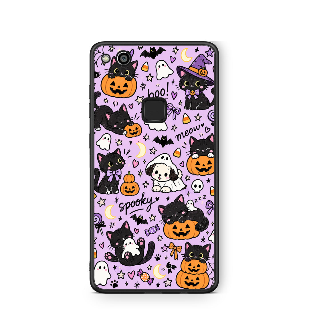 Θήκη Huawei P10 Lite Halloween Black Cats on Lilac από τη Smartfits με σχέδιο στο πίσω μέρος και μαύρο περίβλημα | Huawei P10 Lite Halloween Black Cats on Lilac case with colorful back and black bezels