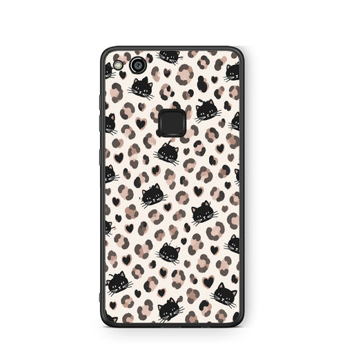 Θήκη Huawei P10 Lite Leopard Spots and Black Cats on Cream από τη Smartfits με σχέδιο στο πίσω μέρος και μαύρο περίβλημα | Huawei P10 Lite Leopard Spots and Black Cats on Cream case with colorful back and black bezels