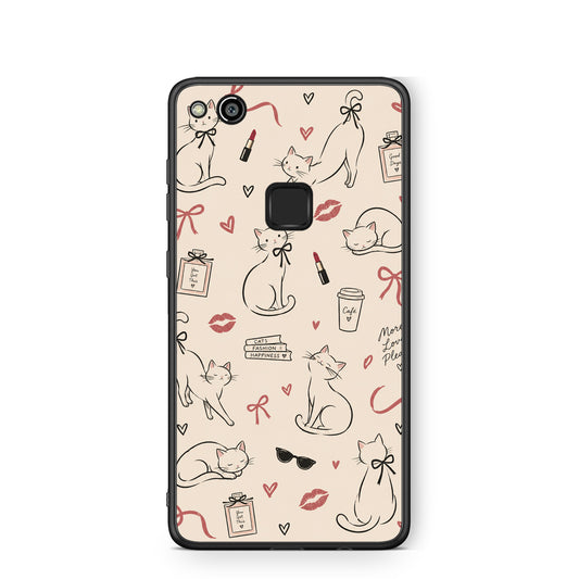 Θήκη Huawei P10 Lite Minimal Cat and Fashion Doodles on Cream από τη Smartfits με σχέδιο στο πίσω μέρος και μαύρο περίβλημα | Huawei P10 Lite Minimal Cat and Fashion Doodles on Cream case with colorful back and black bezels