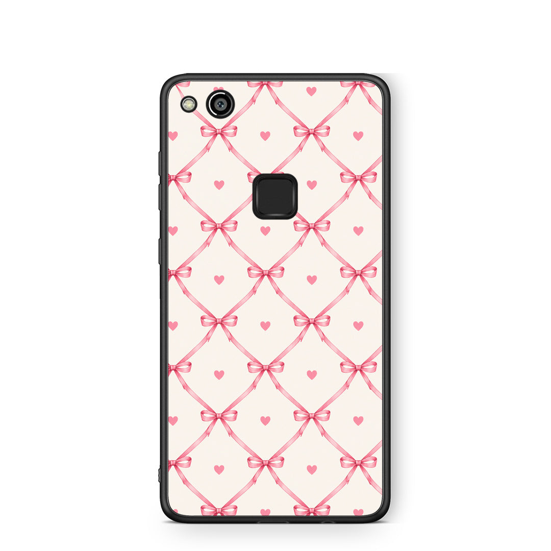 Θήκη Huawei P10 Lite Pink Bow Lattice and Hearts on Cream από τη Smartfits με σχέδιο στο πίσω μέρος και μαύρο περίβλημα | Huawei P10 Lite Pink Bow Lattice and Hearts on Cream case with colorful back and black bezels