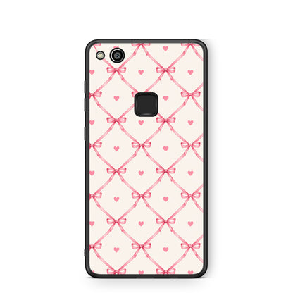Θήκη Huawei P10 Lite Pink Bow Lattice and Hearts on Cream από τη Smartfits με σχέδιο στο πίσω μέρος και μαύρο περίβλημα | Huawei P10 Lite Pink Bow Lattice and Hearts on Cream case with colorful back and black bezels