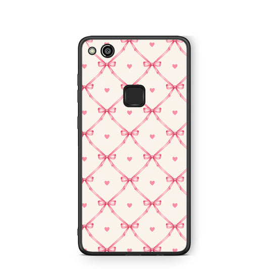 Θήκη Huawei P10 Lite Pink Bow Lattice and Hearts on Cream από τη Smartfits με σχέδιο στο πίσω μέρος και μαύρο περίβλημα | Huawei P10 Lite Pink Bow Lattice and Hearts on Cream case with colorful back and black bezels